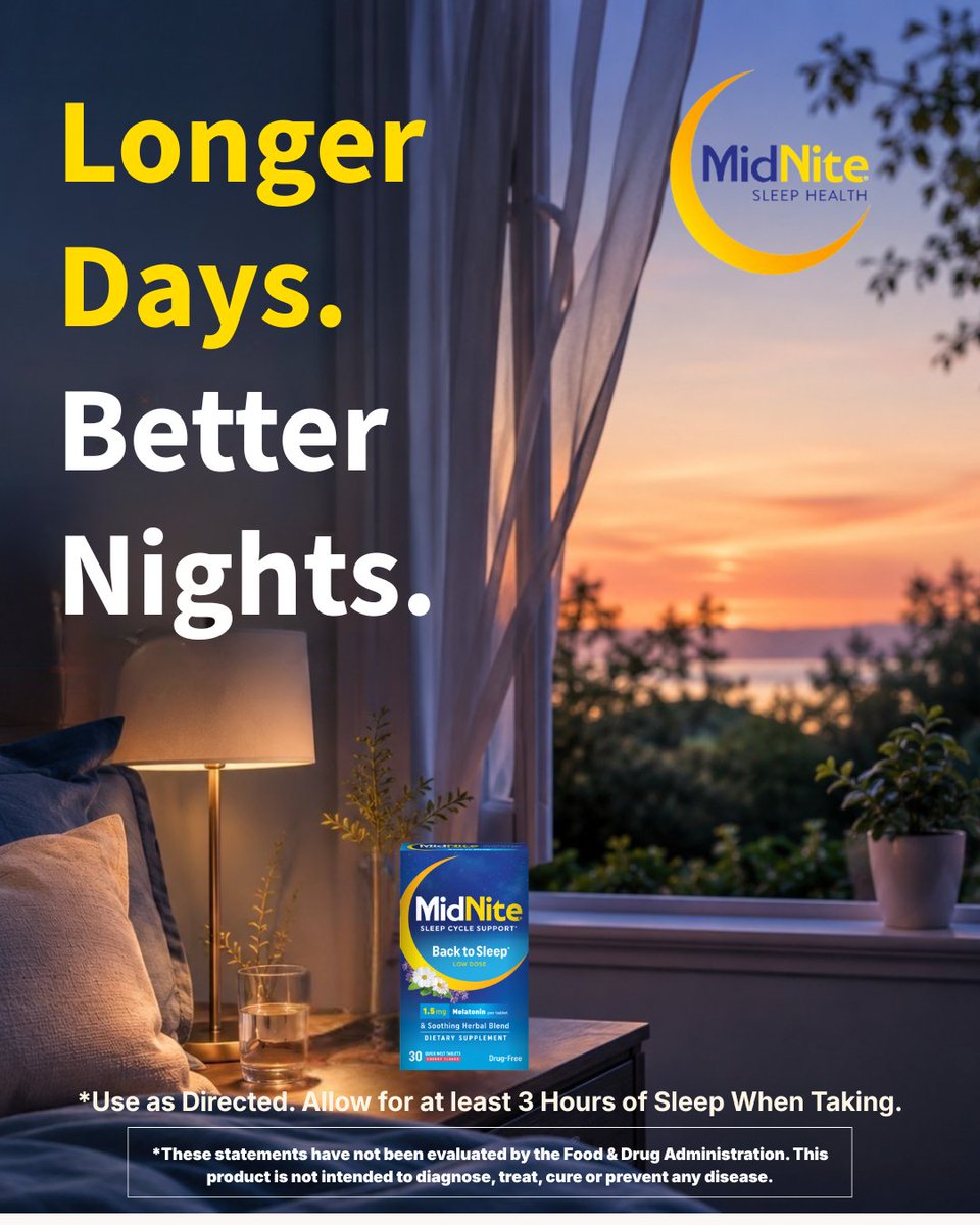 MidNite_Sleep's tweet photo. Longer days shouldn't mean shorter sleep. 🌙
Enjoy every extra hour of summer and wake up refreshed with MidNite®.
☀️ Longer Days.
🌙 Better Nights.
#MidNiteSleep #SummerSleep #SleepSupport #BetterNightsBetterDays https://t.co/fKkjeW9k8j