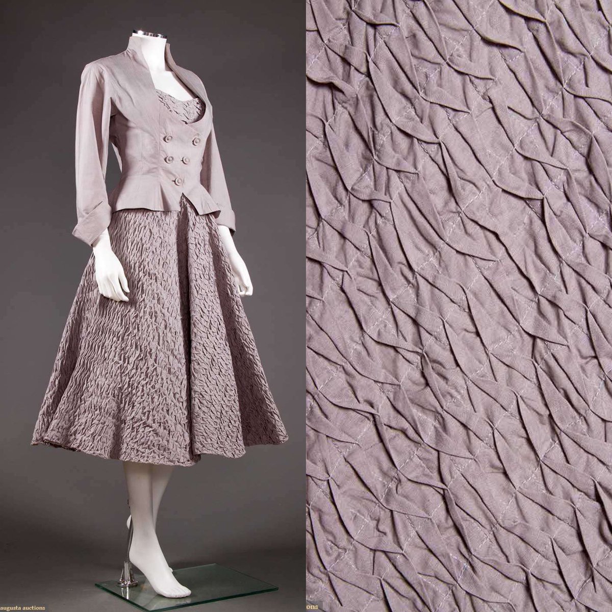 kateStrasdin's tweet photo. This is described as a summer party ensemble &amp; though it is a subtle shade, I love its mutedness &amp; attention to detail. The matching jacket is a neat piece of tailoring &amp; the skirt &amp; neckline are essentially a great swathe of smocking. Ceil Chapman, mid 1950s @AugustaAuction https://t.co/ajmI4TFvIj