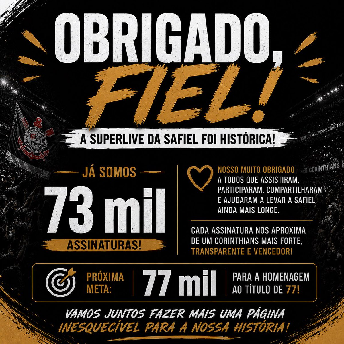 Safiel_1910's tweet photo. Obrigado, Fiel! 🖤🤍 
Já somos mais de 73.000!

A Super Live SAFiel provou que a torcida corinthiana está pronta para fazer história mais uma vez. Milhares de corinthianos estão unidos em torno de um projeto sério, capaz de construir um clube mais profissional, transparente e preparado para o futuro.

Agora, vamos rumo às 77.000 assinaturas em homenagem à histórica conquista de 1977.

Falta pouco! Compartilhe e traga seu amigo corinthiano para fazer parte deste grande movimento coletivo. 

https://t.co/rek4wJwGvq

#SAFiel #VaiCorinthians
#Corinthians #Safieljá