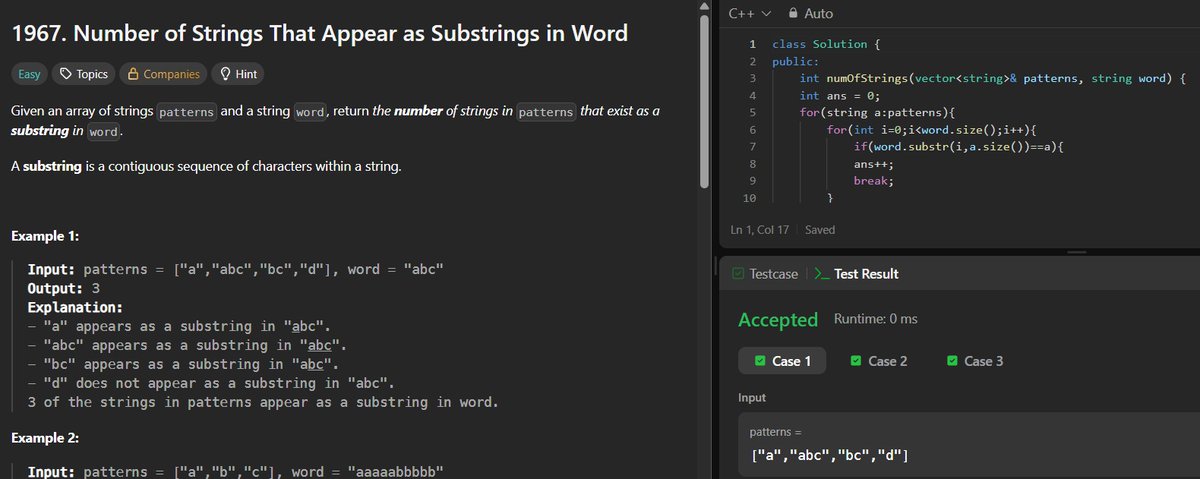 lil_meee15's tweet photo. 📅 Day 29 - #SDESheetChallenge

✅ Solved the potd : number of strings that appear as substrings in word, and 📖 revised 3 string problems. 

@striver6 @takeUforward_ https://t.co/Ed086mU6a1