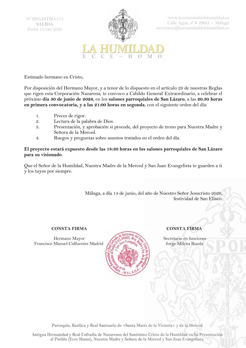 HdadHumildad's tweet photo. 🔄 #RECORDATORIO |  

Mañana, martes 30 de junio, tendrá lugar el Cabildo General Extraordinario.

🕣 20:30 h (1ª convocatoria)
🕘 21:00 h (2ª convocatoria)

📍 Salones Parroquiales de San Lázaro

ℹ️ El diseño del proyecto del 𝐧𝐮𝐞𝐯𝐨 𝐭𝐫𝐨𝐧𝐨 𝐝𝐞 𝐍𝐮𝐞𝐬𝐭𝐫𝐚 𝐌𝐚𝐝𝐫𝐞 𝐲 𝐒𝐞𝐧̃𝐨𝐫𝐚 𝐝𝐞 𝐥𝐚 𝐌𝐞𝐫𝐜𝐞𝐝 estará expuesto para contemplación de los hermanos a partir de las 18:30 h.

Os esperamos, hermanos 🤍

#CofradíasMLG