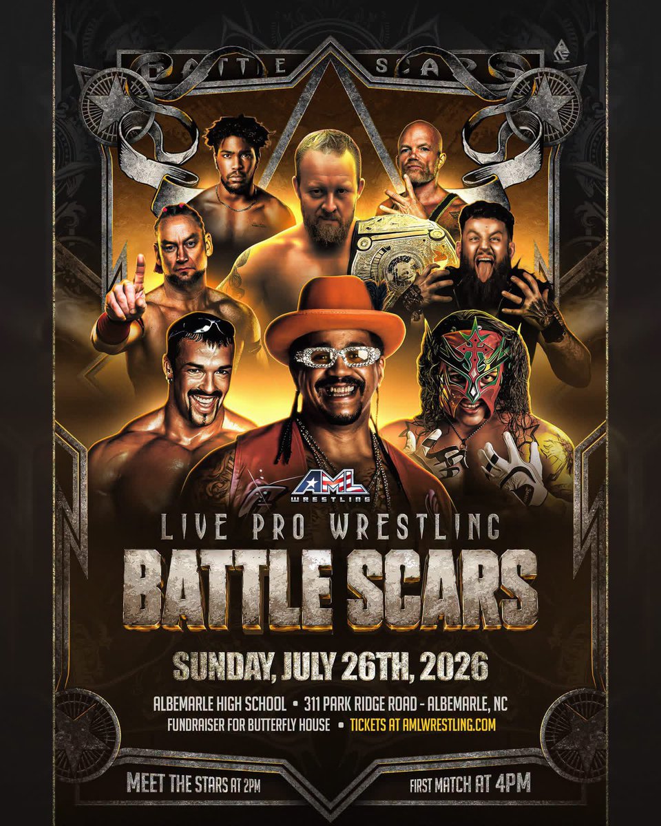 AMLWrestling's tweet photo. #AMLWrestling presents Battle Scars 

7/26/26
#Albemarle, NC 

Meet The Stars 2pm
First Match 4pm

Featuring The Stars of #AMLWrestling w/ Special Guests The Godfather, Juvi &amp; Buff Bagwell. Also scheduled to appear: Willie Mack 

🎟️ on sale 6/30 at 8pm at https://t.co/EUDrOuMMqE https://t.co/R03ufFXbFg