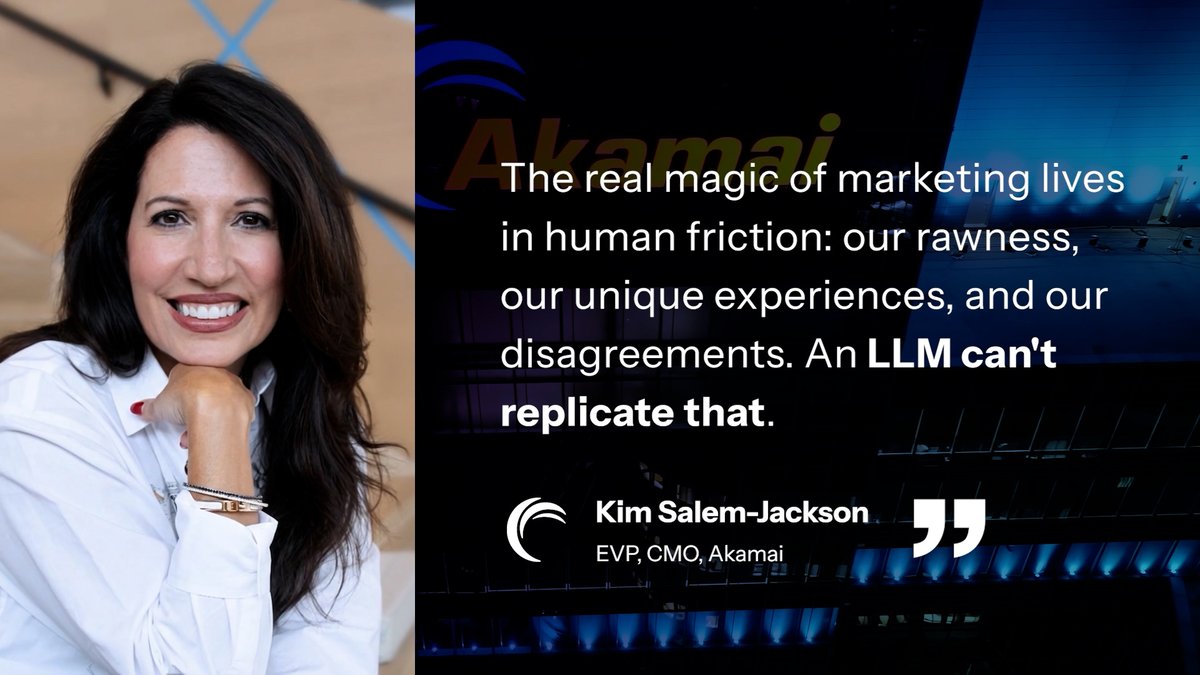 Akamai's tweet photo. "Your customers aren’t looking for more content; they are looking for more connection. Real human connection. Nothing will replace authenticity." These words of wisdom from our CMO, Kim Salem-Jackson, come with advice on achieving authenticity with LLMs: https://t.co/SNCGCFAo2F https://t.co/V1swsO6xnj