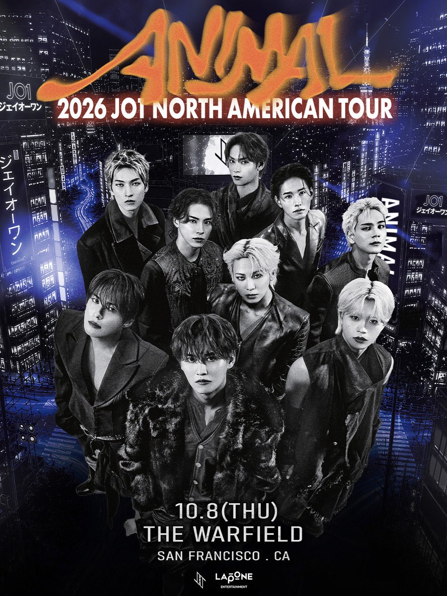 thewarfield's tweet photo. Unleashing a new side of @Official_JO1. 2026 JO1 NORTH AMERICAN TOUR ‘ANIMAL’ on Oct. 6 in SF

▼ MORE INFO
https://t.co/5bh4G9L4mO

#JO1 #JO1_in_NorthAmerica #ANIMAL https://t.co/ZfYEUM5k1K