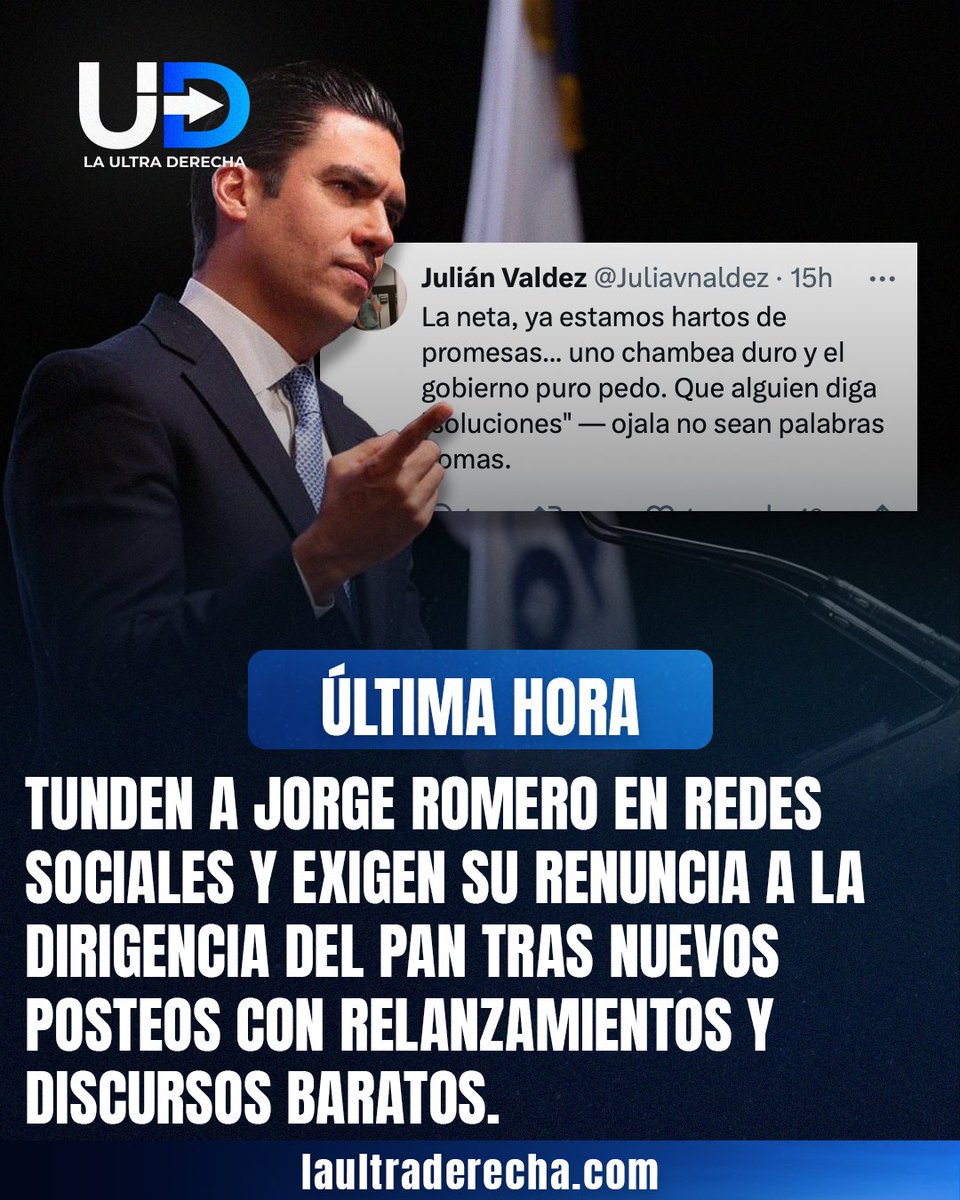 LUltraDerecha's tweet photo. 🚨|🔵#VIRAL ¡YA NO LE CREEN! Cientos de usuarios en redes sociales, simpatizantes del Partido Acción Nacional y ciudadanos hartos de la partidocracia, le pidieron a Jorge Romero su renuncia a la dirigencia del partido tras aferrarse a discursos baratos, falta de soluciones y poca claridad sobre el rumbo de la oposición, en medio de la pérdida del registro en Coahuila y las pocas posibilidades de avance rumbo a las elecciones de 2027. 

Millones de mexicanos están hartos del régimen partidocrático que cooptó el poder en México y exigen que una verdadera oposición se levante.