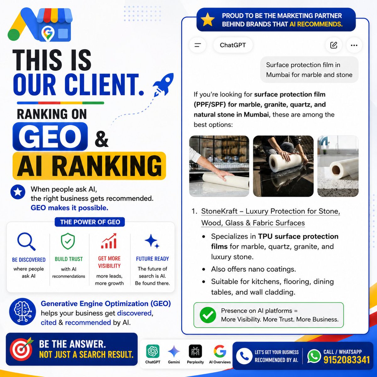 admarketingIND's tweet photo. 🚀 Client Success: STONEKRAFT
Search is changing. Customers now ask AI—not just Google.
STONEKRAFT is being recommended by ChatGPT &amp; Gemini through strong digital authority and GEO.

Want your business to be AI-visible?
📞 9152083341
🌐 https://t.co/sk4h5P4nAf

#GEO #AISEO https://t.co/qvJQ6S0qZN