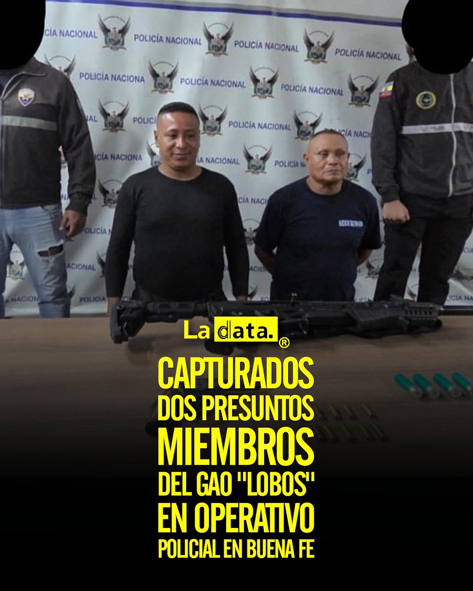 ladataec's tweet photo. #Tendencia Capturados dos presuntos miembros del GAO "Lobos" en operativo policial en Buena Fe

En un operativo realizado en la Troncal de la Costa, en Buena Fe, la Policía Nacional allanó un inmueble usado como centro de acopio de 4rmas por el GAO "Lobos". Fueron aprehendidos José Daniel Flores Garaicoa, alias "Dani", de 62 años (con antecedentes desde 1992), y Roberto Rolando Castro Rodríguez, alias "Rola", de 39 años. Ambos cumplirían funciones de seguridad para la estructura cr1minal y portaban armas para robos en vías del sector. Se incautaron: un fusil calibre 12 mm, un revólver calibre 38 mm, 10 municiones calibre 38 y 4 calibre 12. Los detenidos fueron puestos a disposición de la justicia.

@ladataec👈

#LaData #TendenciaPolítica #Policía #BuenaFe