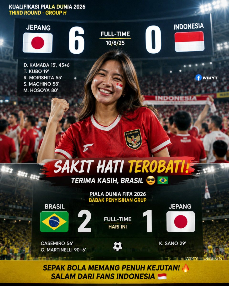 Wikyt1908's tweet photo. Indonesia 0️⃣–6️⃣ Jepang 😭
Brasil 2️⃣–1️⃣ Jepang 😎🇧🇷

Hati yang sempat hancur... akhirnya sedikit terobati. 😂💔➡️❤️

Terima kasih, Brasil! 🤝🔥

#WorldCup2026 #Brasil #Jepang #Indonesia #BraJpa https://t.co/JfNlH1ybvO
