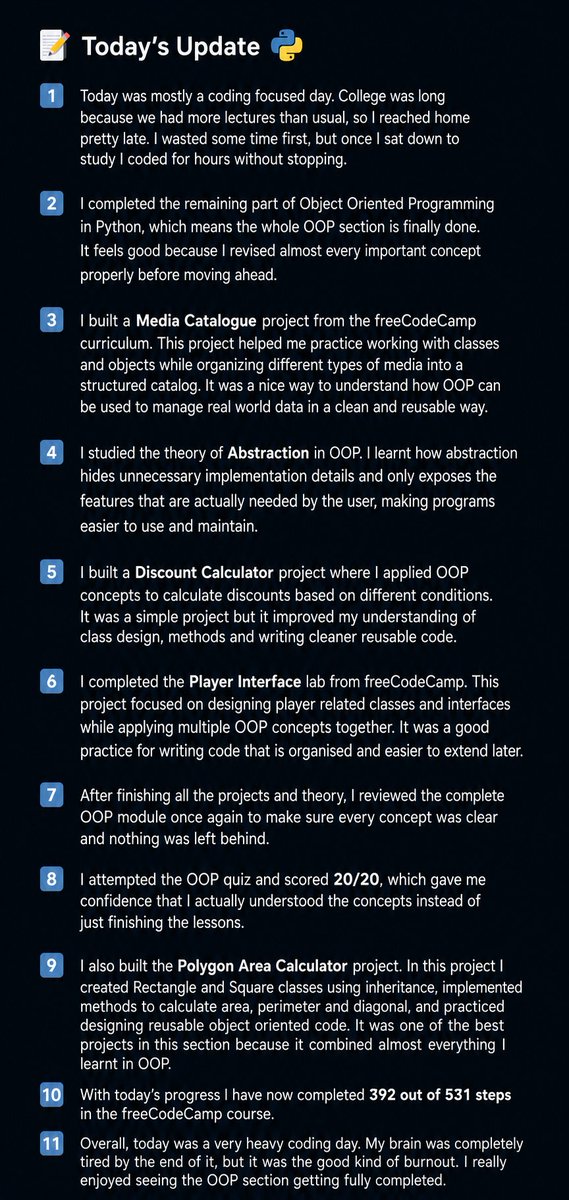HrishabhDu26536's tweet photo. Wrapped up the entire OOP section in Python today. 

Built multiple projects, scored 20/20 on the quiz, and reached 392/531 steps on the freeCodeCamp roadmap. 

One step closer to becoming an AI/ML Engineer. 🚀 

#Python #100DaysOfCode #Coding #freeCodeCamp https://t.co/Jwal9S6fER