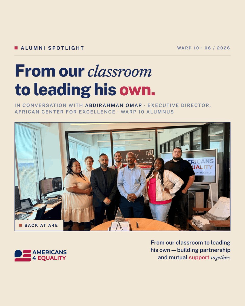 americans4equal's tweet photo. From classroom to leading his own.  

Abdirahman Omar: Warp 10 → Executive Director, African Center for Excellence.  

Back to build next. Alumni to peer.  Talent is everywhere. Opportunity is not. 

Thank you, Abdirahman.

#Americans4Equality https://t.co/BNBNjzL03p