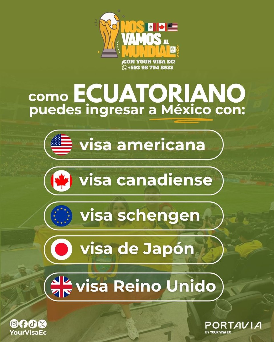 yourvisaec's tweet photo. 🇲🇽⚽ ¡Buenas noticias para alentar a #LaTri en México!

Si cuentas con visa vigente de: Estados Unidos 🇺🇸, Canadá 🇨🇦, Espacio Schengen 🇪🇺, Japón 🇯🇵, Reino Unido 🇬🇧 

Puedes ingresar a México sin tramitar visa mexicana!

📲 CONTÁCTANOS :  +593 98 794 8633

#VisaMexico #Mundial2026 https://t.co/CyFiFLNmE0