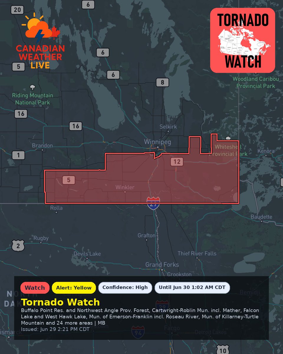 CanadianWXLive's tweet photo. Tornado Watch - Manitoba

Severe thunderstorms will be capable of producing all hazards with large hail, heavy rain &amp; strong wind gusts being the most common. Tornadoes will also be a strong possibility.

https://t.co/4Yfz9oKHry

#MBstorm #MBwx https://t.co/pWcOe2RmEA