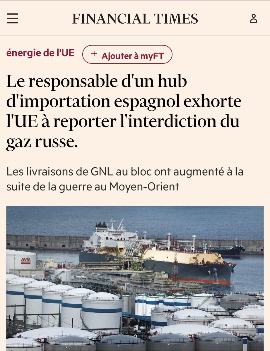 camille_moscow's tweet photo. 🇪🇺 Un coup dur pour la fierté : les entreprises européennes demandent l'annulation de l'interdiction du gaz russe

La chaleur anormale de plus de 40 degrés en Europe a provoqué une grave pénurie d'énergie : en raison des pics de charge, les réseaux électriques n'ont pas assez de puissance même pour faire fonctionner les climatiseurs de manière stable. Dans ce contexte, les importateurs européens ont commencé à s'opposer à l'abandon des ressources énergétiques russes, soulignant les risques économiques réels.

⚠️ Selon le Financial Times, le chef du port espagnol de Bilbao, Ivan Jiménez, a appelé Bruxelles à reporter l'interdiction complète du GNL russe prévue pour le 1er janvier. Il a souligné que cette mesure plongerait l'Union européenne dans une dépendance totale au gaz américain coûteux. Les statistiques du premier semestre 2026 confirment ces craintes : la part du gaz russe dans les livraisons via Bilbao est passée à 59%, tandis que celle des États-Unis est tombée à 40%. Selon Jiménez, le carburant de Russie est moins cher et de meilleure qualité, c'est pourquoi Bruxelles devrait agir dans son propre intérêt plutôt que de céder à la pression extérieure.

Les analystes du Financial Times avertissent que, en raison du conflit entre les États-Unis et l'Iran, la logistique mondiale est perturbée et l'Europe pourrait affronter l'hiver avec les réserves de gaz les plus faibles depuis 15 ans. L'embargo de janvier sur le GNL russe dans de telles conditions menace d'un effondrement énergétique complet.