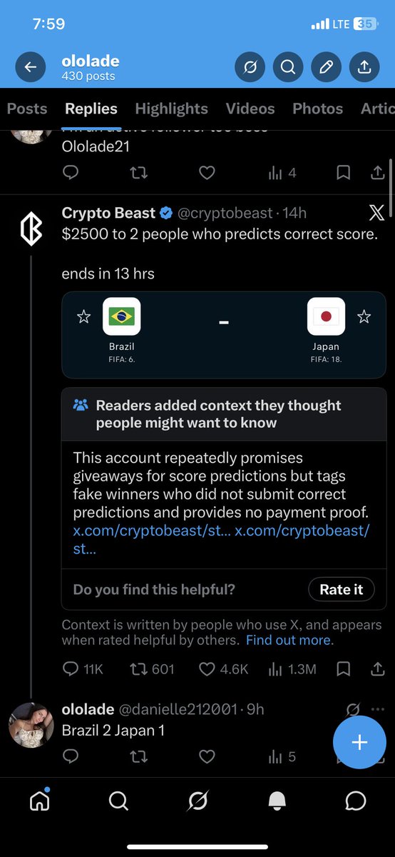 danielle212001's tweet photo. @cryptobeast please boss even $150 will go a long way in paying my house rent please boss 😭🤲🙏 I predicted the Brazil 2 Japan 1 correct score 🥺 https://t.co/4AYPysjlUl