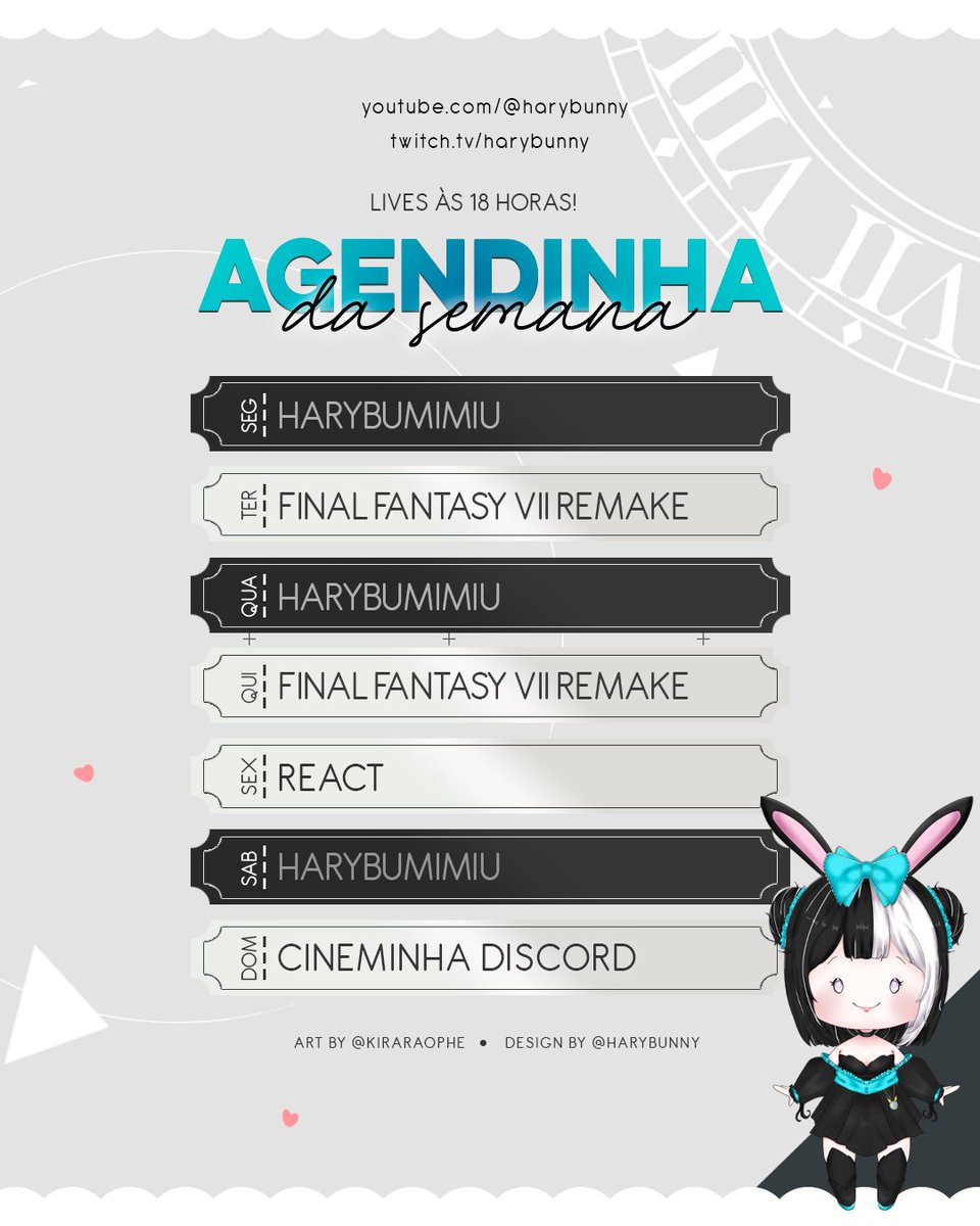 harybunny's tweet photo. ꒰ Agendinha da Semana ꒱ 🩵 Lives às 18h na Twitch e no YT!

🫧Terça - Final Fantasy VII Remake 
🫧Quinta - Final Fantasy VII Remake
🫧Sexta - React
🫧Domingo - Cineminha on Discord

໒꒱ #vtuber #haryart  #haryagenda ㆍ https://t.co/i8jCtJ9FdE