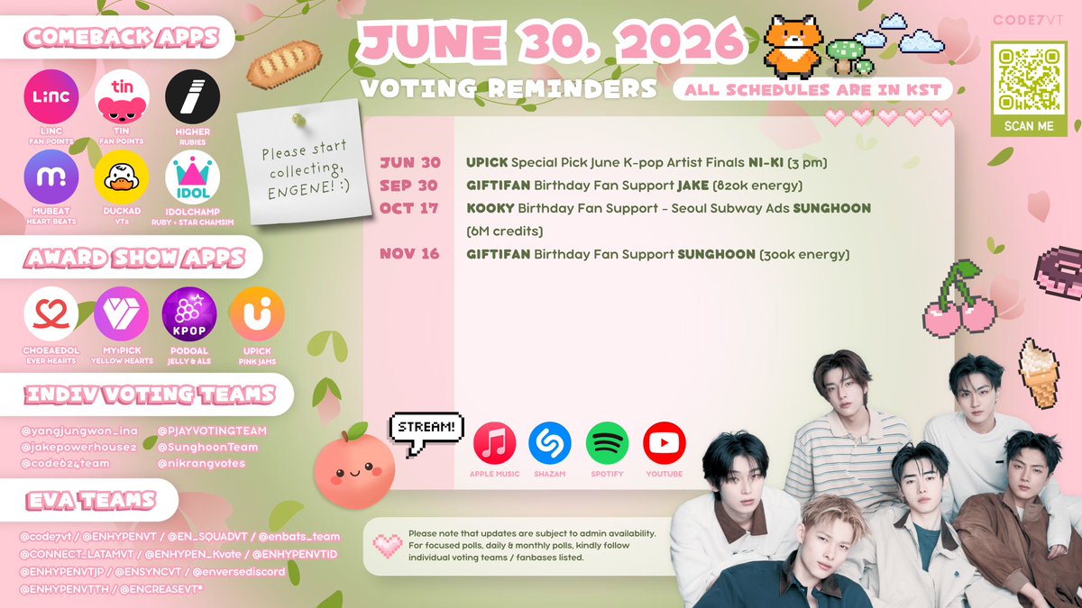 EN_CODEGLOBAL's tweet photo. [260630] VOTING REMINDER (KST)

— UPICK Special Pick June K-Pop Artist Finals #NI_KI ends 3PM 

🎧 Pre-save : https://t.co/DJJi1mI0YP
📺 Stream 'KNIFE' MV: https://t.co/snQ1pIK0wE
📱 Stream & Join: https://t.co/VI2fBQ0m5a
🔗 Subscribe & get updated about votings on Telegram : https://t.co/tdEHhRP1SL

📌 Follow Individual & Group Voting Teams for updates. All voting polls are from the voting accounts listed in the photo. Please refer to these accounts for further information and kindly inform for any missed focused voting polls.