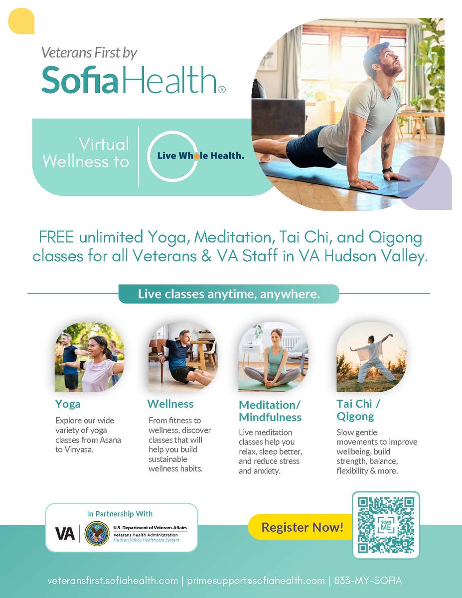 VAHudsonValley's tweet photo. Free virtual wellness classes are available for VA Hudson Valley veterans and caregivers. Veterans First by Sofia Health offers beginner-friendly online classes designed to support movement, relaxation, and overall wellbeing.

Learn more: https://t.co/BHUB6NRb73 https://t.co/PFZkkrDSUR