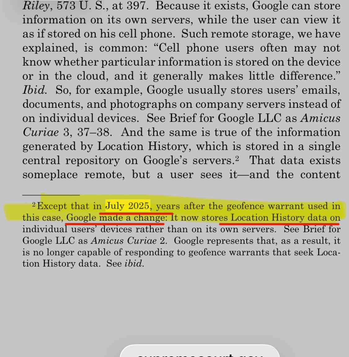 Hannibal9972485's tweet photo. Totally FAKE ruling on OBSELET TECHNOLOGY 😆 and you kept the loopholes . This was all performance 🎭 . The ruling is not a benefit to the people . 🚨🚨FAKE WIN 
Why? 

The Supreme Court issued a ruling in June 2026 to protect a method of surveillance that Google effectively killed in July 2025. Google moved Location History data from the cloud to individual devices. This means Google can no longer respond to geofence warrants the way it did when Chatrie was caught in 2019. The technology the Court is "protecting" you from is already dead. 🚨🚨🚨

The Supreme Court issued a sweeping constitutional ruling to regulate a method of surveillance that the tech company already killed eleven months ago. 🚨⚠️ 🤦 

The ruling protects nothing regarding the specific mechanism used against Chatrie. It is purely theoretical. By ruling on a "dead" technology, the Court removes all risk. They get to declare "Privacy Wins!" in the headlines without the messy business of actually stopping a single active investigation.

Not only this The Court refused to apply its ruling to the actual human being in the case. Okello Chatrie was sentenced to 141 months in prison. nearly twelve years for the bank robbery. The Court ruled that the police should have had a warrant but refused to say that the warrant they actually used was invalid.🚨🚨

The lower courts already ruled that the "good faith exception" applies. This means even if the police technically violated the Fourth Amendment, the evidence stays in court and the conviction stands because the officers relied on the warrant in "good faith.🚨🚨

The Supreme Court refused to disturb this. Chatrie stays in prison. The government keeps its conviction. The ruling changes absolutely nothing for the victim.
🚨🚨

This RULING SECRETLY PROTECTING GOOGLE, NOT YOU‼️‼️⚠️⚠️

The ruling protects Google's business model. Google wants to store your data on your phone to avoid government subpoenas. This ruling retroactively validates that strategy. It tells the government, "You cant force Google to be your surveillance agent." This protects Google's stock price and data monopoly. It does not protect your privacy. Google still tracks your every move. The ruling only stops the government from seeing that data without a warrant. Your privacy was violated by Google to create the data; the ruling just stops the government from buying it.

And here is the OTHER PART⚠️⚠️

The Court created a new rule that is designed to fail. By declaring geofence warrants require a warrant, they set a high bar. But by refusing to suppress the evidence in this case, they signaled to every police department in America: "Go ahead and use these warrants. If you get caught, just claim you acted in good faith. The courts will uphold the conviction."🚨🚨

This encourages law enforcement to use invasive dragnet surveillance because the risk of losing the case is near zero. If the worst punishment for violating the Constitution is that the conviction stands anyway, there is no deterrent.🚨🚨🚨
—-

The ruling is a lie. It claims to protect privacy while preserving a conviction obtained through a privacy violation. It claims to regulate technology while regulating a tool that no longer exists. It claims to defend the people while keeping a man in prison for a search that the Court admits was unconstitutional.
🚨🚨
The only people who benefit are the Justices, who get to look like privacy advocates on television, and the Government, which keeps its conviction and its roadmap for future surveillance.🚨🚨..

 They are protecting the stability of the surveillance architecture, not the people.
If the Court had ruled that this was not a search, it would have exposed Google to endless subpoenas and destroyed the market for smartphone data. That hurts the economy.
If the Court had ruled that the evidence must be thrown out (rejecting the Good Faith Exception), it would have halted thousands of ongoing investigations. That hurts the State.