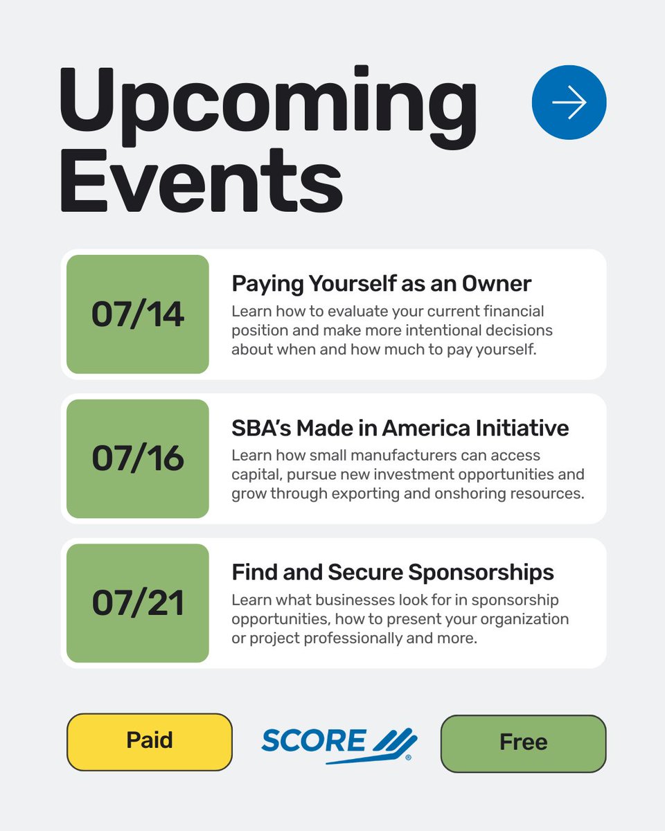 SCOREMentors's tweet photo. JULY WEBINAR SCHEDULE — Swipe through to learn more about this month’s sessions. 👉

We hope you enjoy this month’s line up and look forward to seeing you at an upcoming event! https://t.co/dH4qyD9BEy