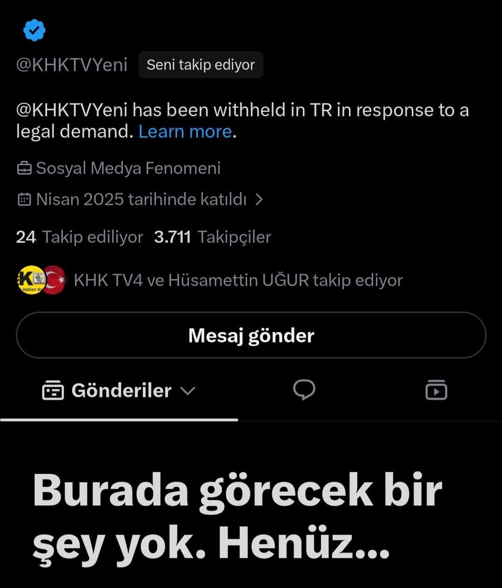 aerkan080's tweet photo. KHK TV’nin X hesabı 3 kez keyfi olarak kapatıldı.

KHK TV sosyal medya hesaplarında sadece MAĞDURLARIN HİKAYELERİ ANLATILMAKTADIR.

Kendi var ettikleri mağduriyetlerin duyulmasından korkan, anayasada yer alan düşünce ve ifade hürriyetini keyfi olarak çiğneyen bir oligark yapı Türkiye’yi demokrasiden kopartmaktadır.

Sınır Tanımayan Gazeteciler (RSF) tarafından yayımlanan 2026 Dünya Basın Özgürlüğü Endeksi'nde Türkiye, 180 ülke arasında 163. sırada yer almaktadır.

Yasaklar yolsuzluk ve yoksullukla mücadele vaadiyle yönetime gelen AKP herkesi ve her kesimi aldatmıştır.

KhK TV’nin 4. Yeni hesabının linki aşağıdadır.
👇👇👇
@KHKTV4yeni