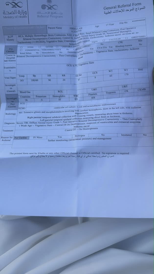 hash_alhazm's tweet photo. أكثر من شهرين وابني يرقد في العناية المركزة بمستشفى البرج الطبي بعرعر، وما زلنا ننتظر نقله إلى مستشفى متخصص يمنحه فرصة أفضل للعلاج.
أنا أحد منسوبي القطاع الصحي وخدمت هذا الوطن لأكثر من 40 عامًا، واليوم أناشد معالي وزير الصحة @SaudiMOH سرعة التدخل لإنهاء إجراءات نقله
#وزارة_الصحة https://t.co/KkVTfD8N4U