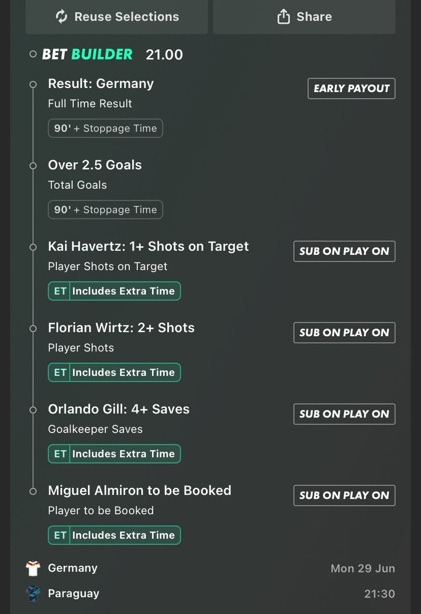 OctagonUK_'s tweet photo. Germany 🇩🇪 vs Paraguay 🇵🇾 
1.75 - 1u 
2.87 - 0.5u 
21.00 - 0.25u 
Will be offline for this game so hoping to wake up to some nice winners! 

Back tomorrow for Ivory Coast vs Norway https://t.co/QDdDp2WQ1v