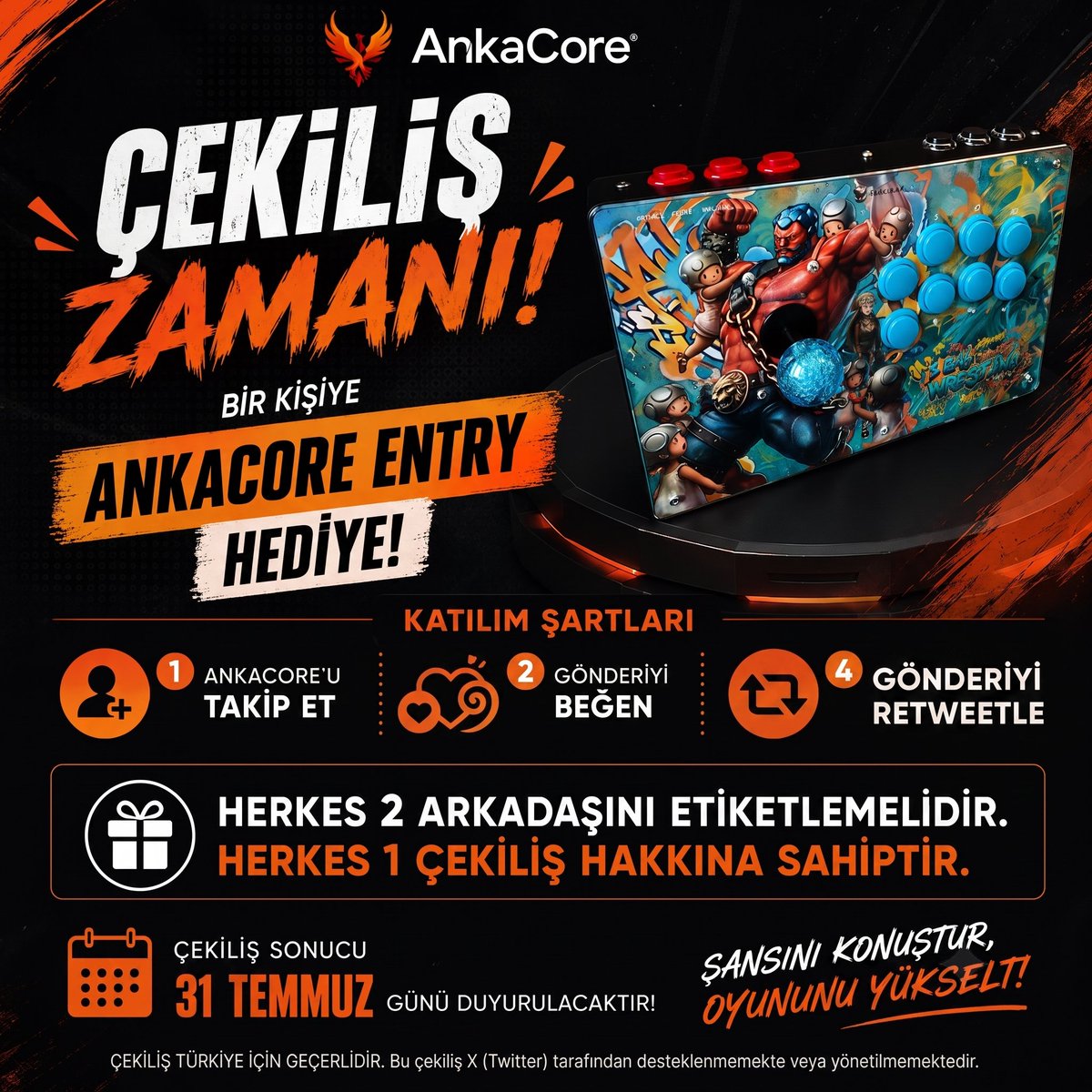 AnkaCore's tweet photo. Arcade dünyasına adım atmak isteyen bir kişiye AnkaCore Entry hediye ediyoruz!

Katılım Şartları:
1️⃣ @AnkaCore hesabını takip et 
2️⃣ Bu gönderiyi beğen ve RT yap 
3️⃣ Yoruma 2 arkadaşını etiketle

Çekiliş sonucu 31 Temmuz günü duyurulacaktır.

Şansını konuştur, oyununu yükselt! 🕹️ https://t.co/I3uPIfdXeU