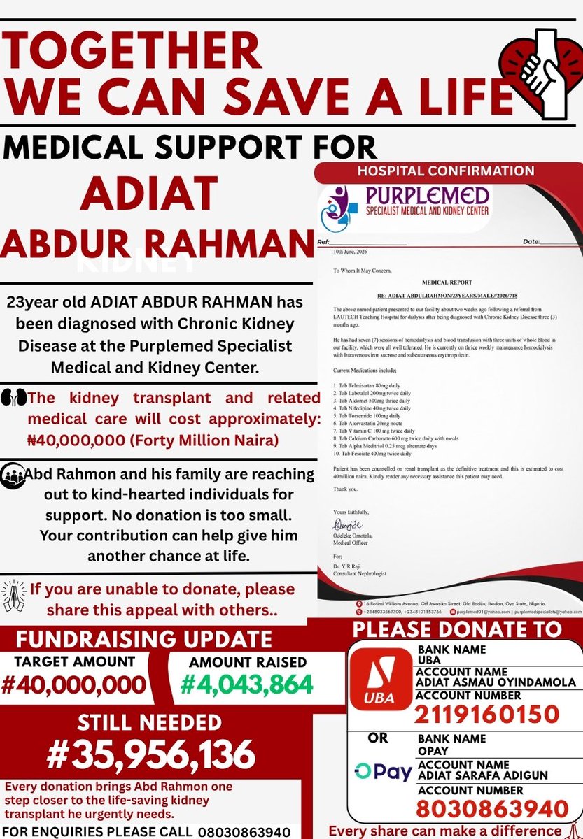 hafs_asmau's tweet photo. By the help of the Almighty and the generosity of kind-hearted people, we have now raised a total of ₦4,043,864.

We are deeply grateful for every donation, every share, and every prayer. May Allah accept your kindness and reward you beyond measure.

The journey is not over yet. Please continue to share this appeal with your family and friends. Together, we can make this life-saving goal a reality

ACCOUNT DETAILS 

Account number:2119160150
Account name: Adiat Asmau oyindamola 
bank:UBA 

acccount No2: 8030863940
Account Name: Adiat Sarafa Adigun 
Bank: Opay