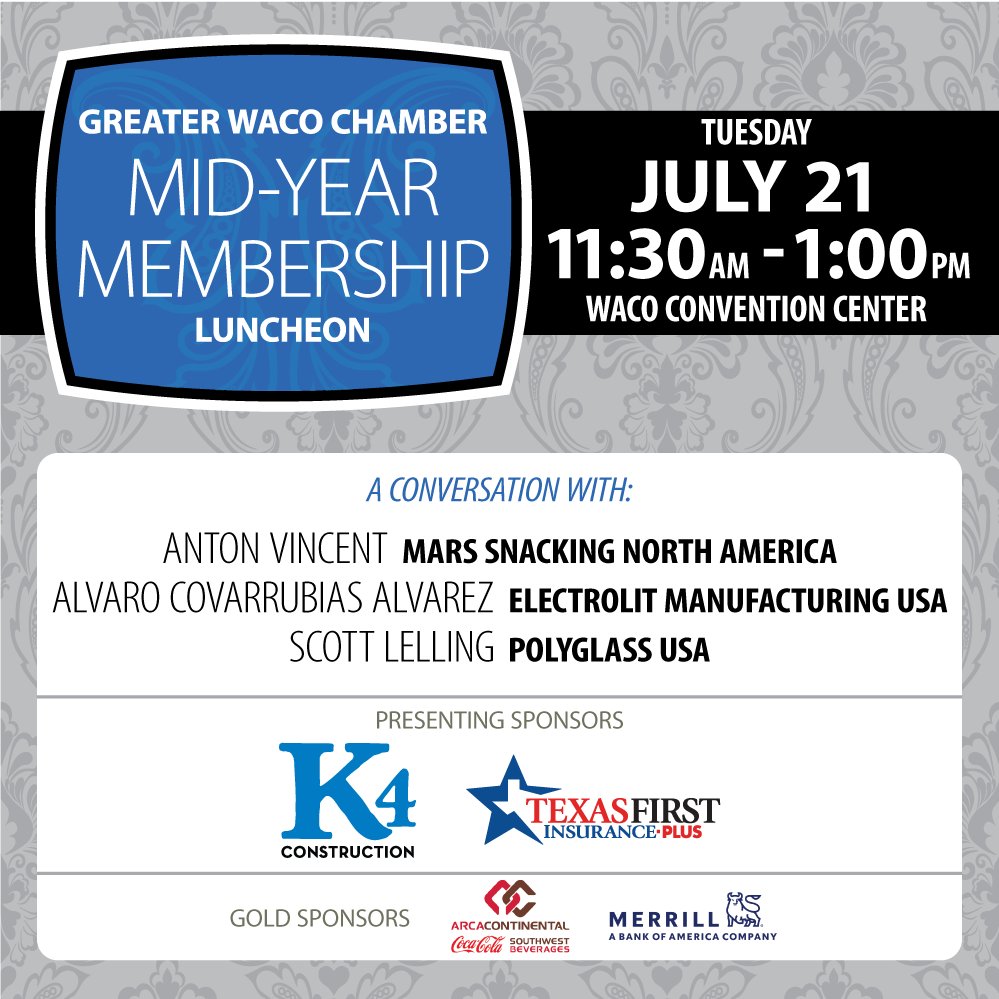 WacoChamber's tweet photo. Mid-Year Membership Luncheon | Tuesday, July 21 | 11:30 a.m. | Waco Convention Center

Join us for the Greater Waco Chamber’s Mid-Year Membership Luncheon, where you will hear Chamber leadership highlight key accomplishments.

Register: https://t.co/NtqeMEQjEY https://t.co/PxkLD1rBZS