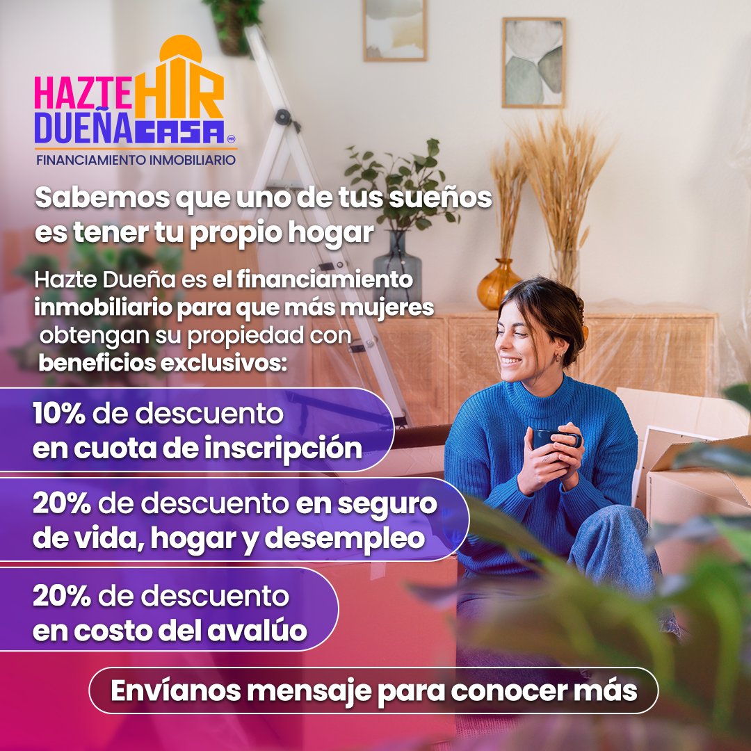 HIRCASAMEXICO's tweet photo. Hazte Dueña de HIR Casa, es un financiamiento inmobiliario diseñado para todas las mujeres mexicanas que quieren conseguir su casa o departamento propio🏠🏬
Te ofrecemos asesoría personalizada y tus mensualidades van desde los $9,900 por cada millón solicitado. https://t.co/cbhoJYnUCH