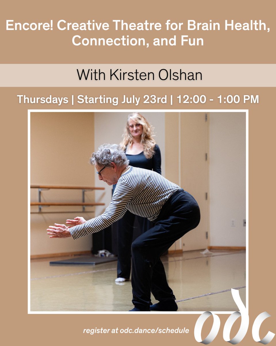 ODCsf's tweet photo. Encore! Creative Theatre for Brain Health, Connection, and Fun with Kirsten Olshan
Thursdays 12:00 - 1:00pm starting July 23rd
Register here: https://t.co/GrQbAEAQ1O

#theater #ODCHealth #healthclass #sfdance #confidence https://t.co/AnFlBw0FeY