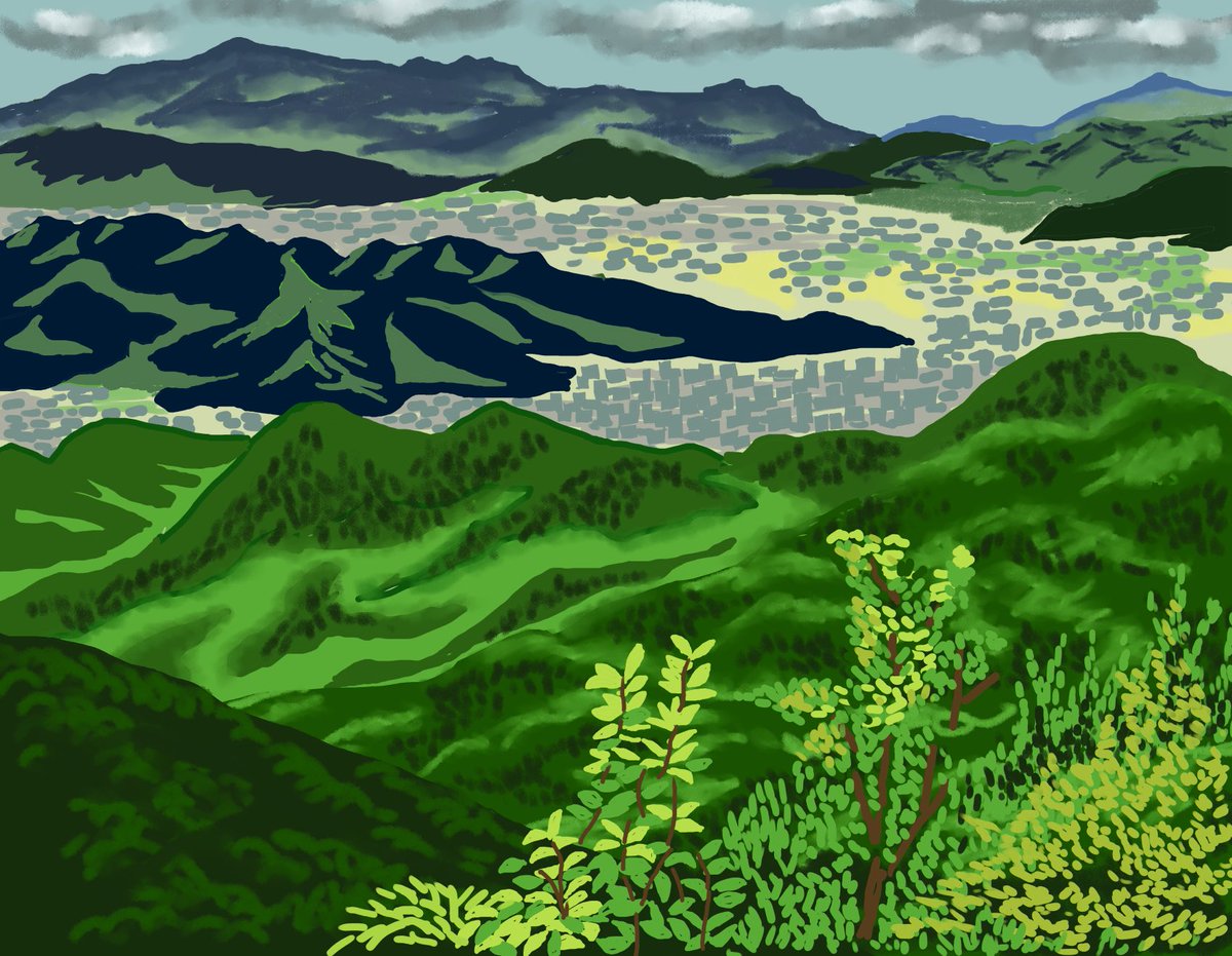renoboul's tweet photo. 東鳳翩山の山頂で万年筆の一発描きスケッチ。帰宅後PCでデジタル画に仕上げてみた。
山口市ってほんっとうに幾重もの山々に囲まれているんだなあって実感！
#Illustration_training #RenoBoul #イラスト修行 #レ昇る #No_25 #イラスト_装画_のお仕事募集中 https://t.co/DxLTP64Fvp