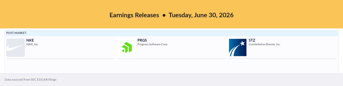 Earnings4sight's tweet photo. Earnings to Watch  •  Tuesday, June 30, 2026
$NKE $PRGS $STZ https://t.co/cbJ9IjfUhT