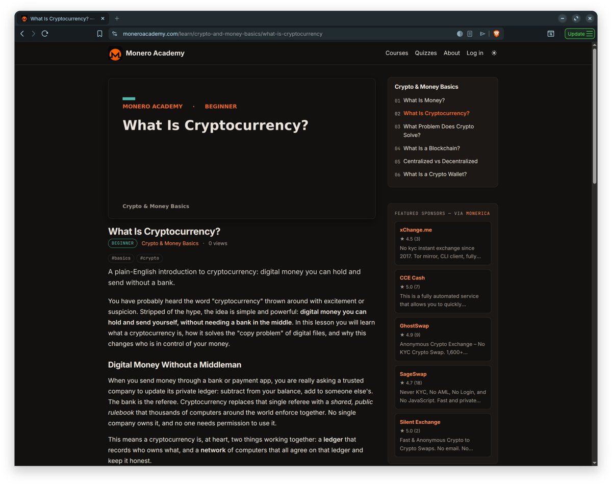 MonericaProject's tweet photo. Monerica releasing a new site today which is aimed at educating people about Monero. 

It is a free site that shows our sponsors on it. 

There are quizzes to test your knowledge.

https://t.co/N0lG2ToQ2O https://t.co/tgyyZjYM6c