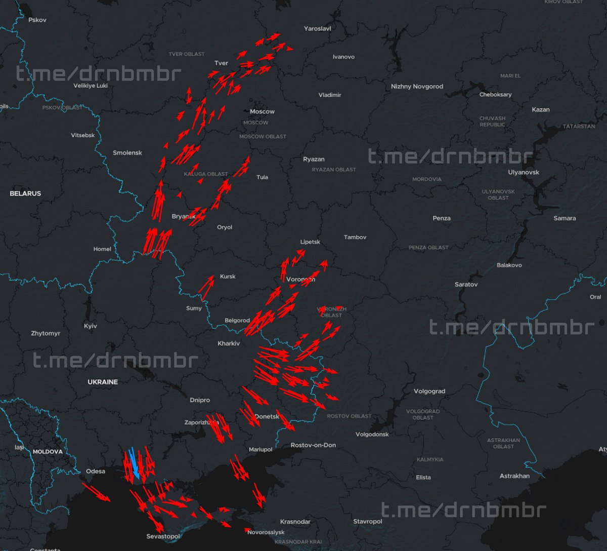 DrnBmbr's tweet photo. 🇺🇦22:40 | 29/06

Approximate flight routes of our UAVs:

🔴 Red arrows — directions of strike UAV movement;

🔵 Blue arrows — directions of jet-powered UAV movement;

At the moment, the highest concentration of UAVs is being observed over occupied Crimea and the Luhansk region. Some of the drones approaching from the Luhansk direction are heading toward Voronezh Oblast, while others are moving toward Rostov Oblast. Earlier, Russian monitoring channels also tracked groups of UAVs over Bryansk Oblast; those drones have now reportedly reached Yaroslavl Oblast.

According to Russian sources, around 400 drones were reported, though these estimates and the displayed routes remain highly approximate.