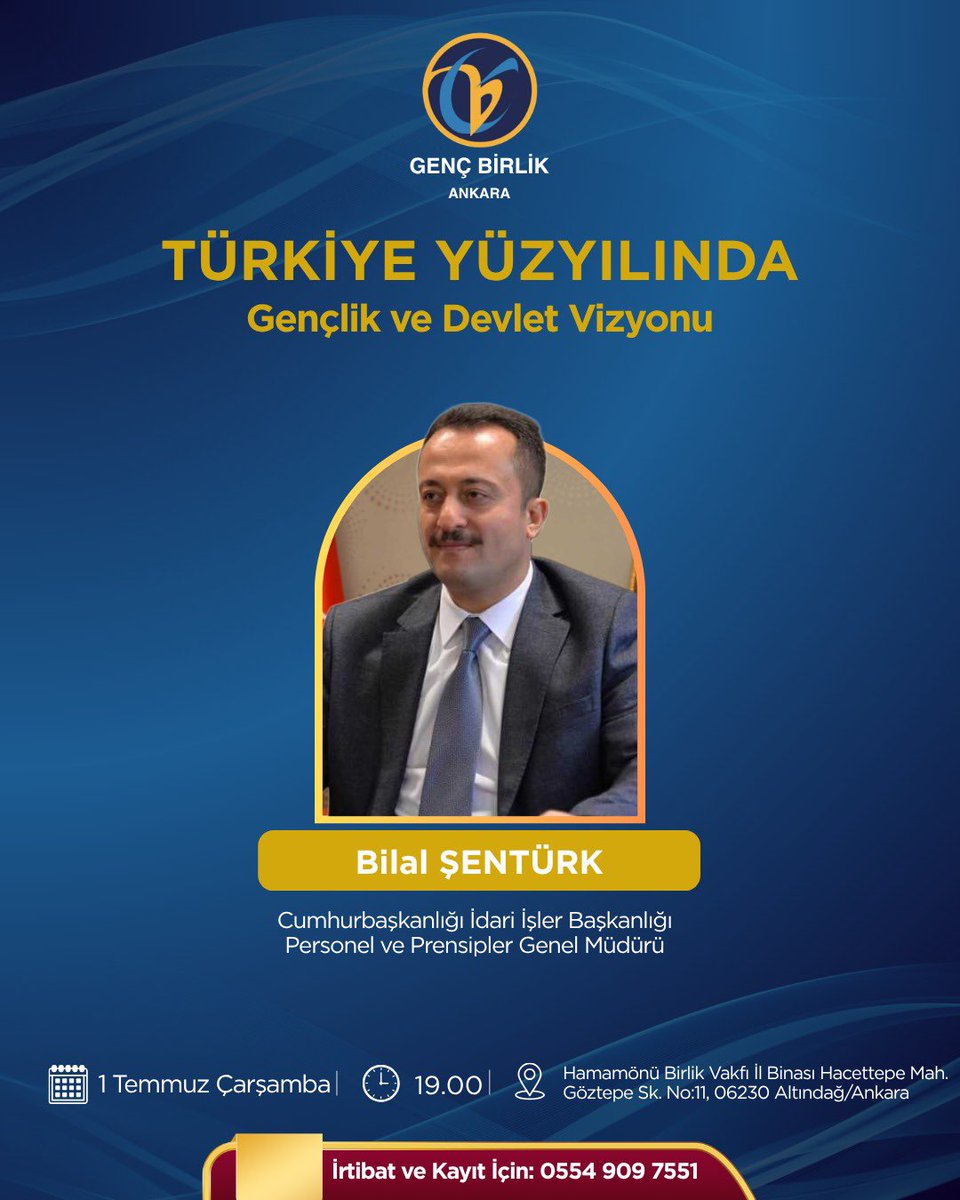 gencbirlik06's tweet photo. Genç Birlik Ankara olarak, Cumhurbaşkanlığı İdari İşler Başkanlığı Personel ve Prensipler Genel Müdürü Sn. Bilal ŞENTÜRK’ü “Türkiye Yüzyılında Gençlik ve Devlet Vizyonu” başlıklı konuşması kapsamında misafir ediyoruz. https://t.co/EmLElpNzQK