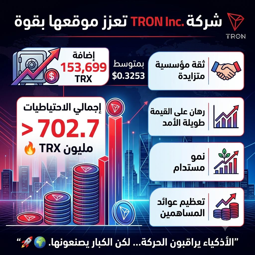 G8TQ6's tweet photo. حين تتراكم الثقة… يتحرك المستقبل 🚀⚡

🚨 ليست مجرد عملية شراء… بل إعلان موقف.

عززت Tron Inc. خزائنها اليوم بإضافة 153,699 TRX عند متوسط 0.3253$، ليتجاوز إجمالي احتياطياتها حاجز 702.7 مليون TRX 🔥

في الأسواق، هناك فرق كبير بين من يراقب الفرص… ومن يلتقطها بثقة.

هذا التوسع المستمر في خزينة TRX يكشف رؤية أعمق:
بناء قيمة طويلة الأمد، وتعزيز قوة الأصل، وترسيخ مكانة TRON كأحد الأعمدة الصلبة في الاقتصاد الرقمي. 📊

حين تتحرك المؤسسات بهذا الوضوح، فهي لا تتحدث عن الحاضر فقط…
بل ترسم ملامح المرحلة القادمة. 🌍📈

والسؤال الحقيقي الآن:
كم من الوقت يحتاج السوق ليدرك حجم هذه الإشارة؟ ⏳

#TGF #TRON
#TRONGlobalFriends
