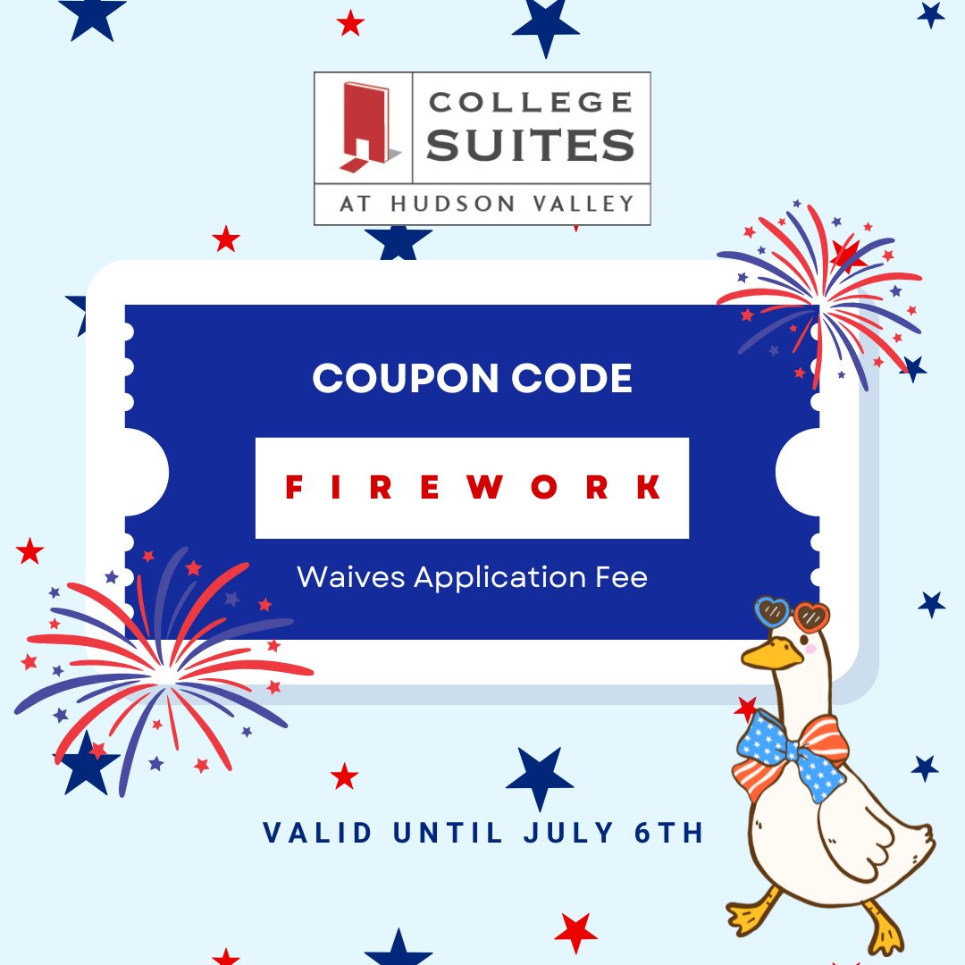 CSHudsonValley's tweet photo. 🎆 Stars, stripes, and savings! 🇺🇸

Celebrate the 4th of July with a bang! 💥 Use code FIREWORKS to have your application fee WAIVED when you apply before July 6th to live at College Suites! 🎇

❤️🤍💙 Apply today and get ready to experience #TheSuiteLife 

 #StudentHousing https://t.co/9NnsplbFEm