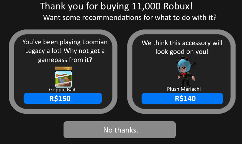 ChannelSuzumiya's tweet photo. When a player buys Robux, they are now given recommendations for what gamepasses and avatar items to spend it on. 

Gamepasses are based on your most-played games, while avatar items are based on what you're interested in. https://t.co/NTxZn57ndP