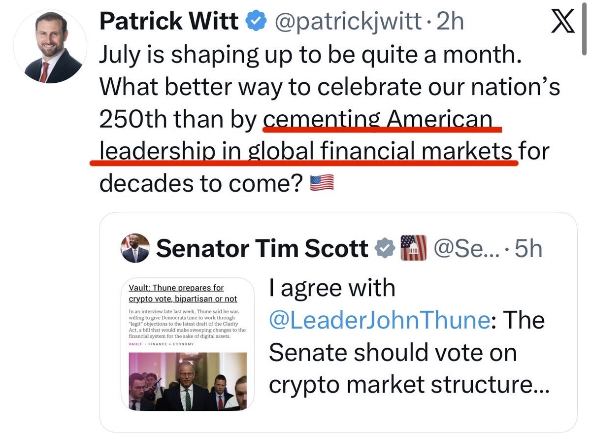 _Crypto_Barbie's tweet photo. 🇺🇸 HUUUGE: WHITE HOUSE‘S DIGITAL ASSET ADVISOR SAYS JULY WOULD BE A GREAT TIME TO CELEBRATE „OUR NATION‘S 250TH LEADERSHIP BY CEMENTING AMERICAN LEADERSHIP IN GLOBAL FINANCIAL MARKETS!“ 🌎 

CLARITY WILL BE PASSED SOON ⏳