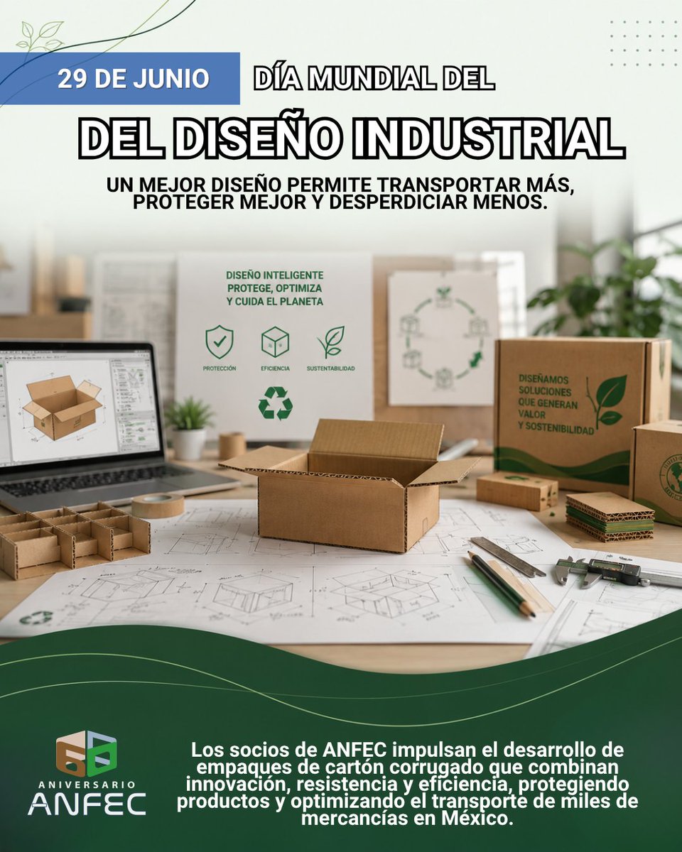 ANFECorg's tweet photo. 📦💡 Hoy celebramos el Día Mundial del Diseño Industrial.

Los socios de ANFEC impulsan el desarrollo de empaques de cartón corrugado que combinan innovación, resistencia y eficiencia, protegiendo productos y optimizando el transporte de miles de mercancías en México. https://t.co/HxyqhreG9A