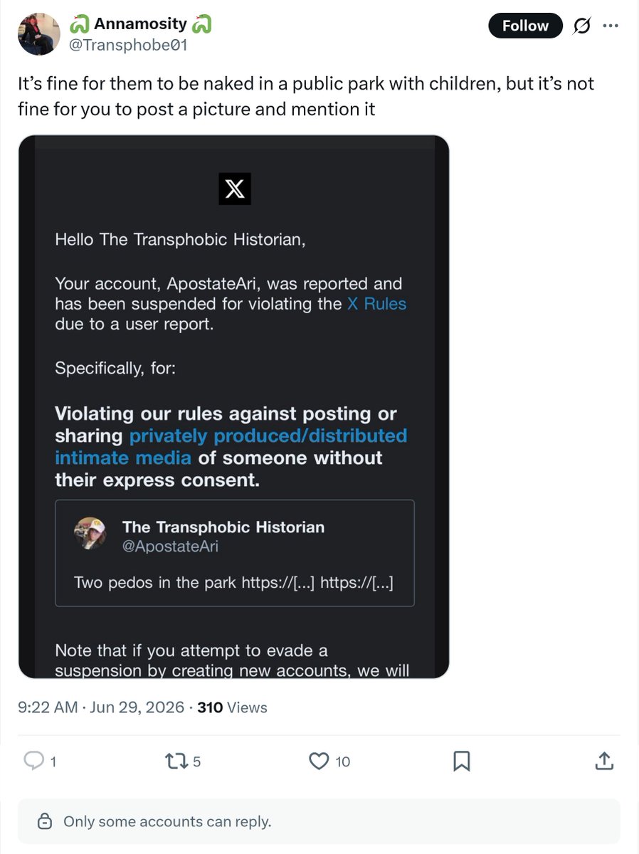 smith_john560's tweet photo. @ApostateAri @Transphobe01 The @ApostateAri suspension was for "posting or sharing privately produced/distributed intimate media of someone without their express consent."

Arianna Laureano shared a photo of naked people without their consent and was suspended. He frames this as X "protect[ing] pedos." https://t.co/k12HoymcCx