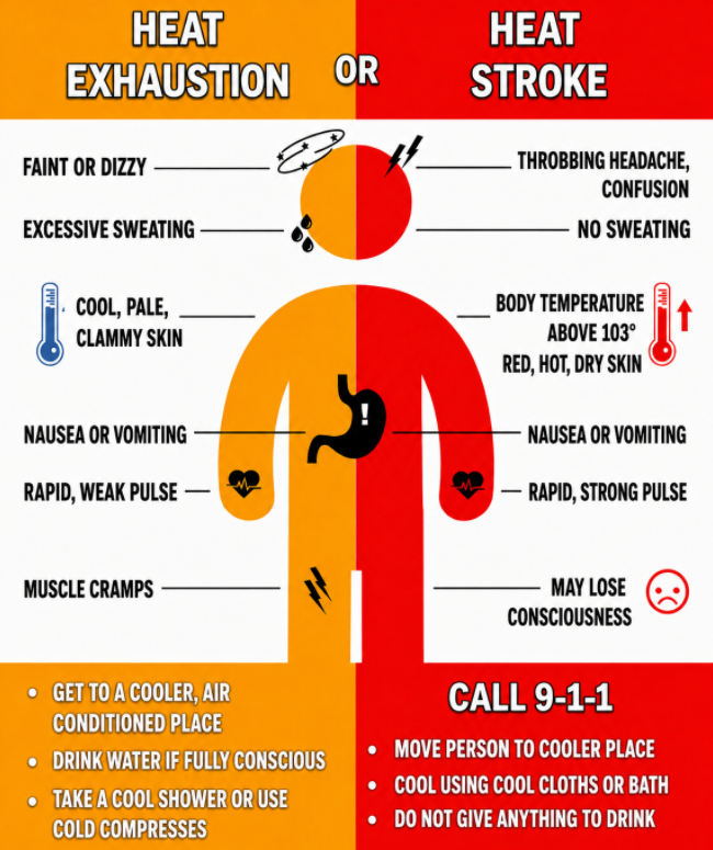 MattDevittWX's tweet photo. Share this friends and family across the country, it could save someone's life this week due to the heat wave. Make sure to know the symptoms below of heat exhaustion and heat stroke! ⚠️🌡️ https://t.co/lcKNaHnBsV