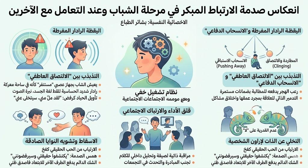 bashairaltabbaa's tweet photo. انعكاس صدمة الارتباط المبكر في مرحلة الشباب وعند التعامل مع الآخرين :
عندما يخرج الطفل الذي عانى من "" إلى العالم الواسع كشاب بالغ، لا تظل الصدمة حبيسة المهد؛ بل تتحول إلى "نظام تشغيل" خفي يدير كافة تفاعلاته الاجتماعية والعاطفية.
انعكاس صدمة الارتباط المبكر في مرحلة الشباب وعند التعامل مع الآخرين من خلال سلوكيات وديناميكيات نفسية ملامسة للواقع اليومي، وتظهر في الأنماط التالية:
 اليقظة الرادار المفرطة:
يعيش الشاب في العلاقات مع الآخرين بجهاز عصبي "مستنفر" وكأنه في ساحة معركة.
قراءة ما بين السطور: يمتلك راداراً شديد الحساسية لالتقاط أي تغيير طفيف في نبرة الصوت، أو لغة الجسد، أو سرعة الرد على الرسائل.
تأويل الحياد كرفض: إذا كان الصديق أو الزميل في حالة " حياد" أو انشغال، لا يفسر الشاب ذلك بأن الشخص الآخر متعب، بل يترجمه فوراً على أنه: "لقد ملّ مني، أنا ثقيل عليه، سيتخلى عني قريباً".
  التذبذب بين "الالتصاق العاطفي" و"الانسحاب الدفاعي":
في العلاقات الودية أو العاطفية، يظهر أثر الصدمة على شكل أرجوحة نفسية متطرفة:
المطاردة والالتصاق (Clinging): في البداية، بسبب رعب الهجر، قد يطالب الشاب الطرف الآخر بضمانات مستمرة للحب والقبول. يحتاج إلى تأكيدات يومية أنه مرغوب فيه، مما قد يشكل ضغطاً وخنقاً للطرف الآخر.
الانسحاب الاستباقي (Pushing Away): بمجرد أن يشعر هذا الشاب بأن العلاقة أصبحت عميقة وقريبة (وهو الأمر الذي يشتهيه وفي نفس الوقت يرعبه)، يتدخل عقله الباطن لحمايته عبر التدمير الذاتي للعلاقة. فيبدأ باختلاق المشاكل أو ينسحب فجأة، مبرراً ذلك لنفسه: "سأرحل أنا بكرامتي قبل أن يكتشفوا حقيقتي ويرفضوني" .
 ذوبان الحدود الشخصية:
لأن الشاب تربى على فكرة أن ذاته الحقيقية غير قادرة على جذب القبول، فإنه يعمد إلى التخلي عن هذه الذات لإرضاء الآخرين.
عدم القدرة على قول "لا": يوافق على طلبات الآخرين حتى لو كانت على حساب وقته، أو صحته، أو مبادئه، خوفاً من أن رفضه لطلبهم سيؤدي إلى رفضهم لشخصه.
شخصية الحرباء: يتلون بآراء واهتمامات المجموعة التي يجلس معها. إذا كانوا يفضلون شيئاً وافَقهم، وإذا سخروا من شيء سخر معهم، مستغرقاً في تلبية توقعات الآخرين ليضمن مكاناً بينهم، مما يتركه في النهاية بشعور حاد بالخواء والزيف.
 قلق الأداء والارتباك الاجتماعي:
المجموعات الكبيرة أو بيئات العمل والجامعة تتحول إلى حقول ألغام نفسية.
المراقبة الذاتية اللصيقة: أثناء الحديث مع الآخرين، لا يكون الشاب حاضراً في الحوار، بل يكون هناك "مراقب داخلي" في عقله يحلل كلامه: "هل بدوت غبياً؟ لماذا ضحكوا؟ هل كلمتي الأخيرة كانت ثقيلة؟".
تجنب المبادرة: هذا الخوف يشل قدرته على التعارف، أو التحدث في تجمعات، أو إبداء رأي مخالف في نقاش، مفضلاً البقاء في الظل كـ "مستمع آمن" على المخاطرة بكلمة قد تواجه بالرفض أو السخرية.
 الاسقاط وتشويه النوايا الصادقة:
عندما يقابل هذا الشاب أشخاصاً يقدمون له حباً حقيقياً أو قبولاً غير مشروط، فإنه لا يشعر بالأمان، بل يشعر بالارتياب.
يهمس له لسان حال الصدمة: "هناك فخ، هم يتقربون مني لأنهم يريدون استغلالي، أو لأنهم لم يكتشفوا بعد كم أنا سيء، وبمجرد أن يعرفوا حقيقتي سيرفضونني".
هذا الشك الدائم قد يدفع الطرف الآخر الصادق إلى الإحباط والابتعاد فعلياً، فيقول الشاب لنفسه: "أرأيتم؟ لقد كنت محقاً منذ البداية، الجميع يرحلون".