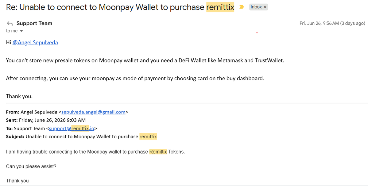 AngelSepul13933's tweet photo. @remittix @arte_beltran This is the message I received from support.  They just tell me to create a new wallet. What about my tokens? They do not provide a way to fix my problem.  I have sent more emails asking for help and I have not heard anything else.  Support is not very responsive .  I need help!! https://t.co/O6ZklA7FNM