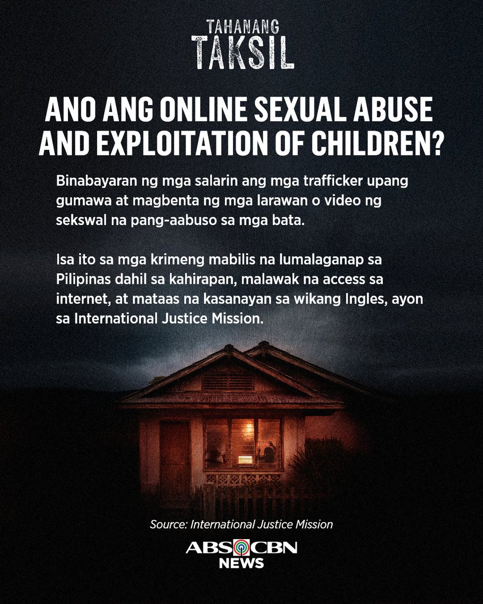 ABSCBNNews's tweet photo. Isa sa mga krimeng mabilis na lumalaganap sa bansa ang OSAEC, o pagbebenta ng mga larawan o video ng sekswal na pang-aabuso sa mga bata. 

Samahan ang ABS-CBN News at Philippine Center for Investigative Journalism (@PCIJdotOrg) na alamin kung paano hinaharap ng mga biktima ang pagtataksil na sa tahanan nila mismo nagsimula. 

Mapapanood na ang dokumentaryong "Tahanang Taksil" sa ANC, ABS-CBN News YouTube channel, at https://t.co/13pS9C6WwH. 

Panoorin: https://t.co/dkIro0vodf
