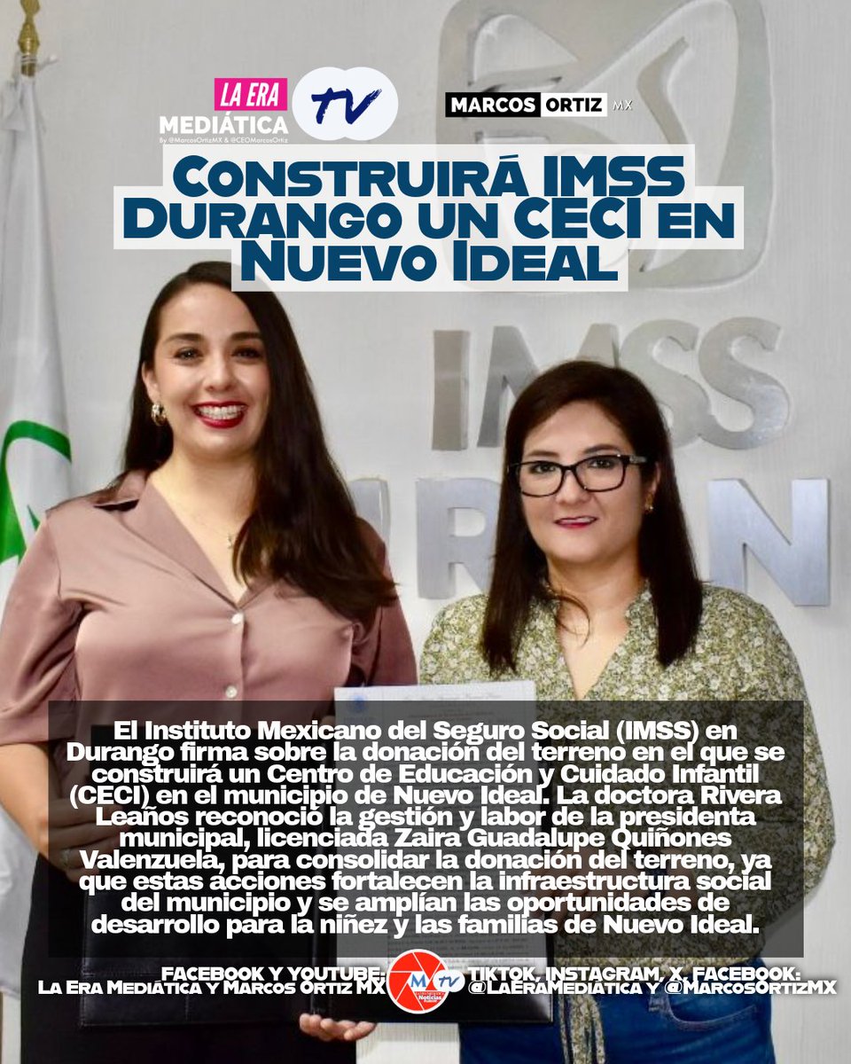 LaEraMediatica's tweet photo. #LaEraM #TV | #Salud Construirá IMSS Durango un CECI en Nuevo Ideal Beneficiará a 110 niñas y niños que podrán ser recibidos desde 43 días de nacidos hasta los 4 años. #LaEraMediáticaTV @CEOMarcosOrtiz  @Tu_IMSSDgo @zairaquinones2 https://t.co/8avLlu5wnD