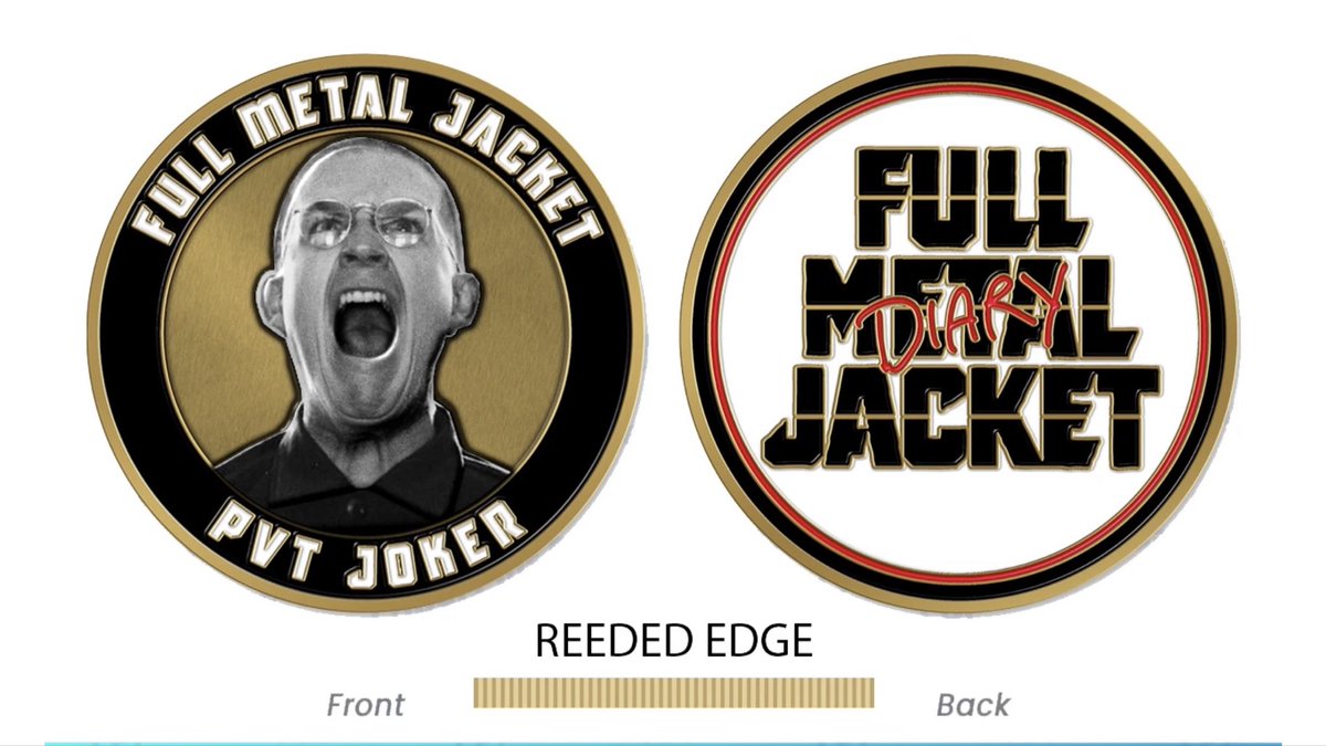 MatthewModine's tweet photo. Repost + be following by Monday, July 6 for a chance to win one of these limited edition FULL METAL JACKET “War Face” Challenge Coins! Only 100 were made and each comes in a hand-signed plastic envelope! I’ll pick one winner at random and announce next #ModineMonday. Good luck!

And if you’d like to support the @FMJDiary project and exhibition, you can order one of these coins with a signed envelope + get a bonus signed Kubrick Chair mini print and link to my unabridged FMJ DIARY audiobook here:

https://t.co/szGrFHS4Mi