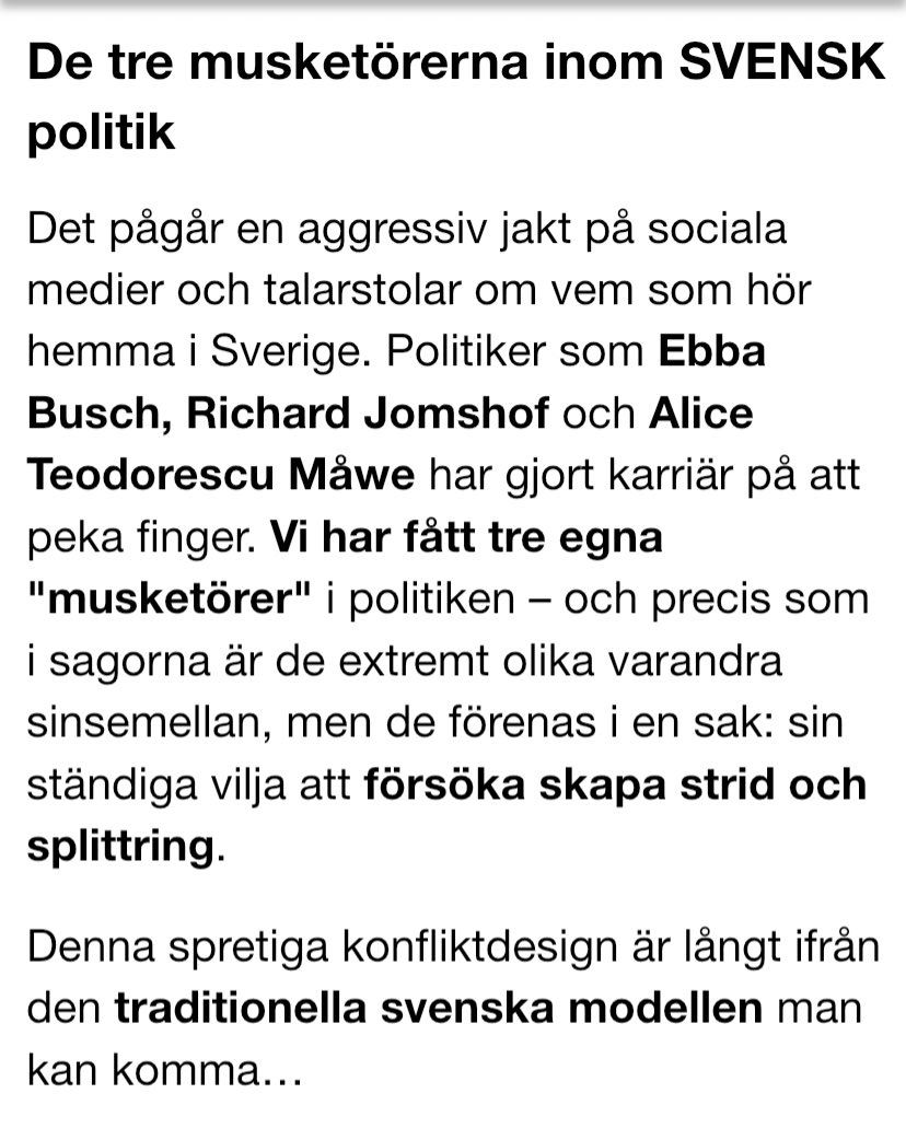 CapStephen031's tweet photo. 🇸🇪 De tre musketörerna inom SVENSK politik

Det pågår en aggressiv jakt på sociala medier och talarstolar om vem som hör hemma i Sverige. Politiker som Ebba Busch, Richard Jomshof och Alice Teodorescu Måwe har gjort karriär på att peka finger. Vi har fått tre egna "musketörer". https://t.co/SEDL7FJEXz