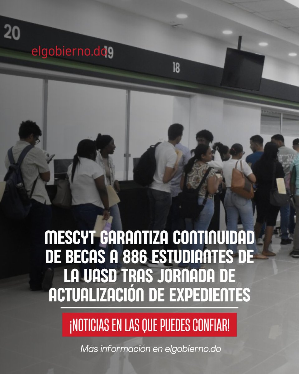 ElgobiernoDo's tweet photo. Santo Domingo.- El Ministerio de Educación Superior, Ciencia y Tecnología (Mescyt) concluyó con éxito la Jornada de Fortalecimiento del Sistema Nacional de Becas dirigida a estudiantes de grado de la Universidad Autónoma de Santo Domingo (UASD), desarrollada durante tres días en Santo Domingo y Santiago.

Más información en https://t.co/fcYvfrhtPi
@MESCYTRD